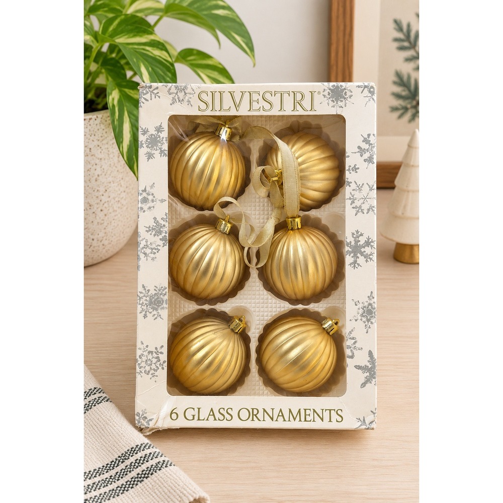 Silvestri Matte Gold Ribbed Glass Christmas Ornaments Set of 6 Pumpkin Style
